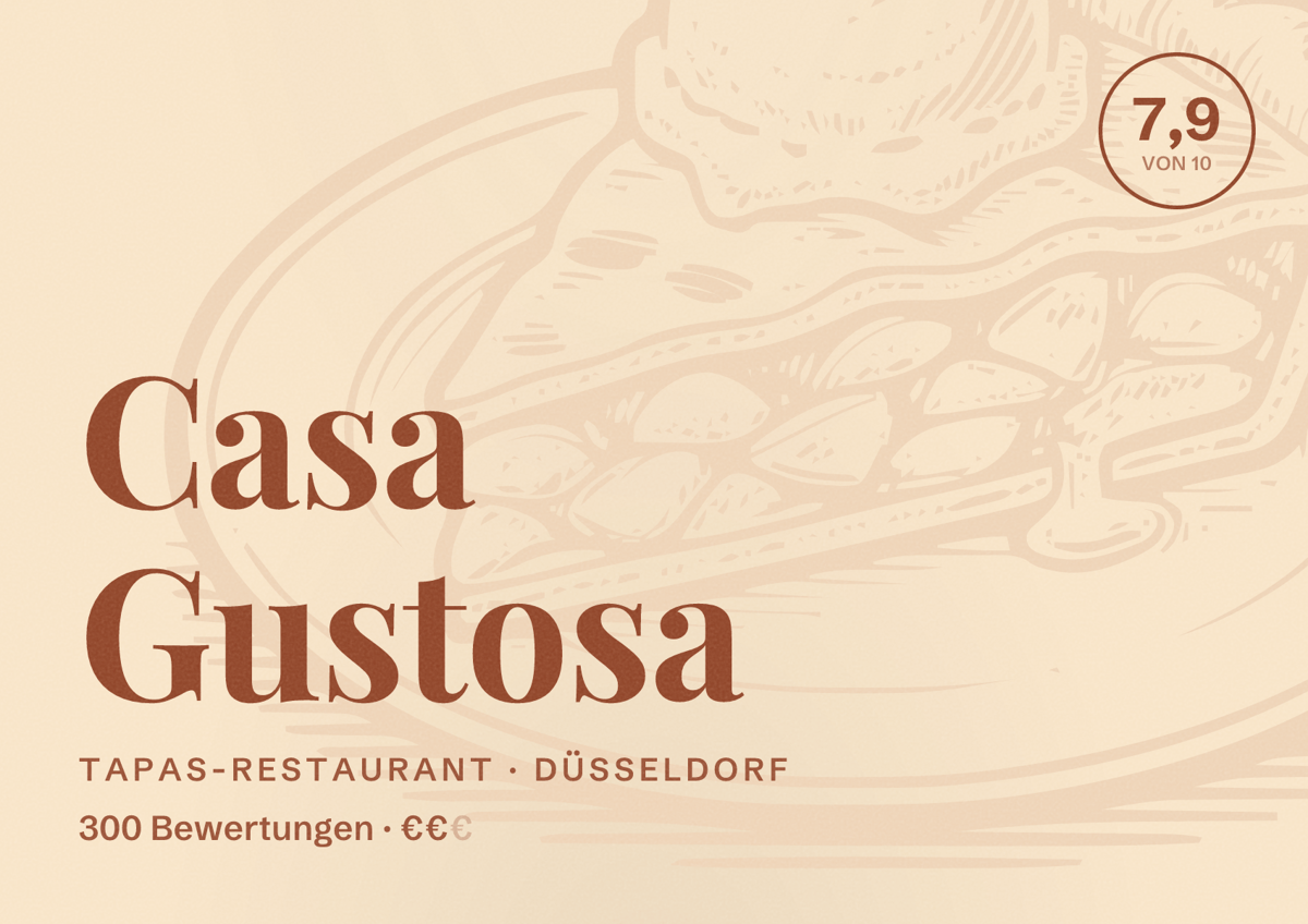 Illustriertes Poster von Casa Gustosa, Tapas-Restaurant in Düsseldorf: Bewertung 7,9 von 10 aus 300 Bewertungen, Preisniveau €€