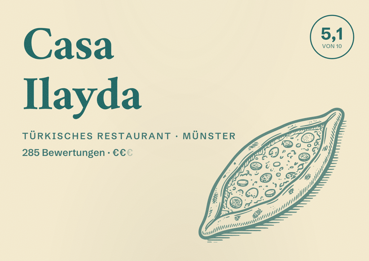 Illustriertes Poster von Casa Ilayda, Türkisches Restaurant in Münster: Bewertung 5,1 von 10 aus 285 Bewertungen, Preisniveau €€