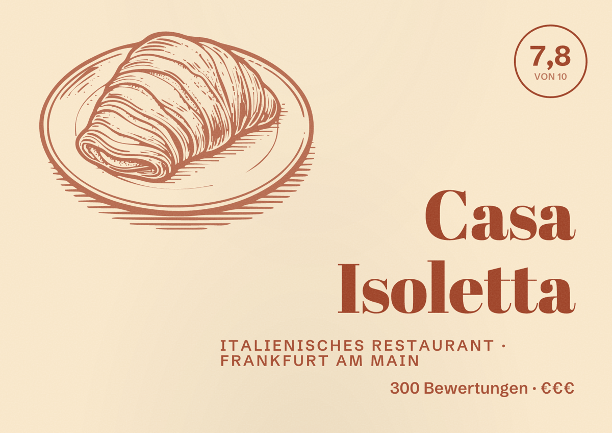 Illustriertes Poster von Casa Isoletta, Italienisches Restaurant in Frankfurt am Main: Bewertung 7,8 von 10 aus 300 Bewertungen, Preisniveau €€€