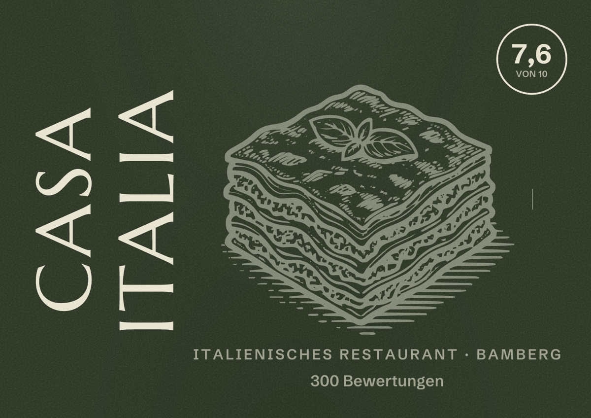 Illustriertes Poster von Casa Italia, Italienisches Restaurant in Bamberg: Bewertung 7,6 von 10 aus 300 Bewertungen