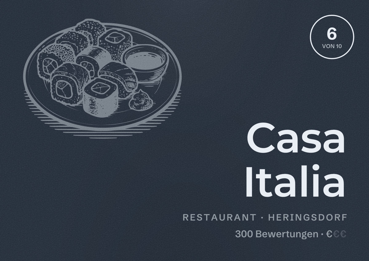 Illustriertes Poster von Casa Italia, Restaurant in Heringsdorf: Bewertung 6 von 10 aus 300 Bewertungen, Preisniveau €