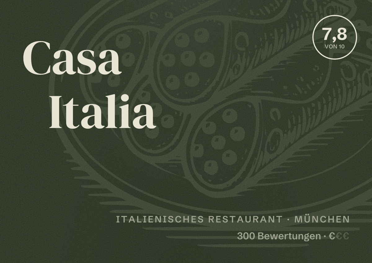Illustriertes Poster von Casa Italia, Italienisches Restaurant in München: Bewertung 7,8 von 10 aus 300 Bewertungen, Preisniveau €