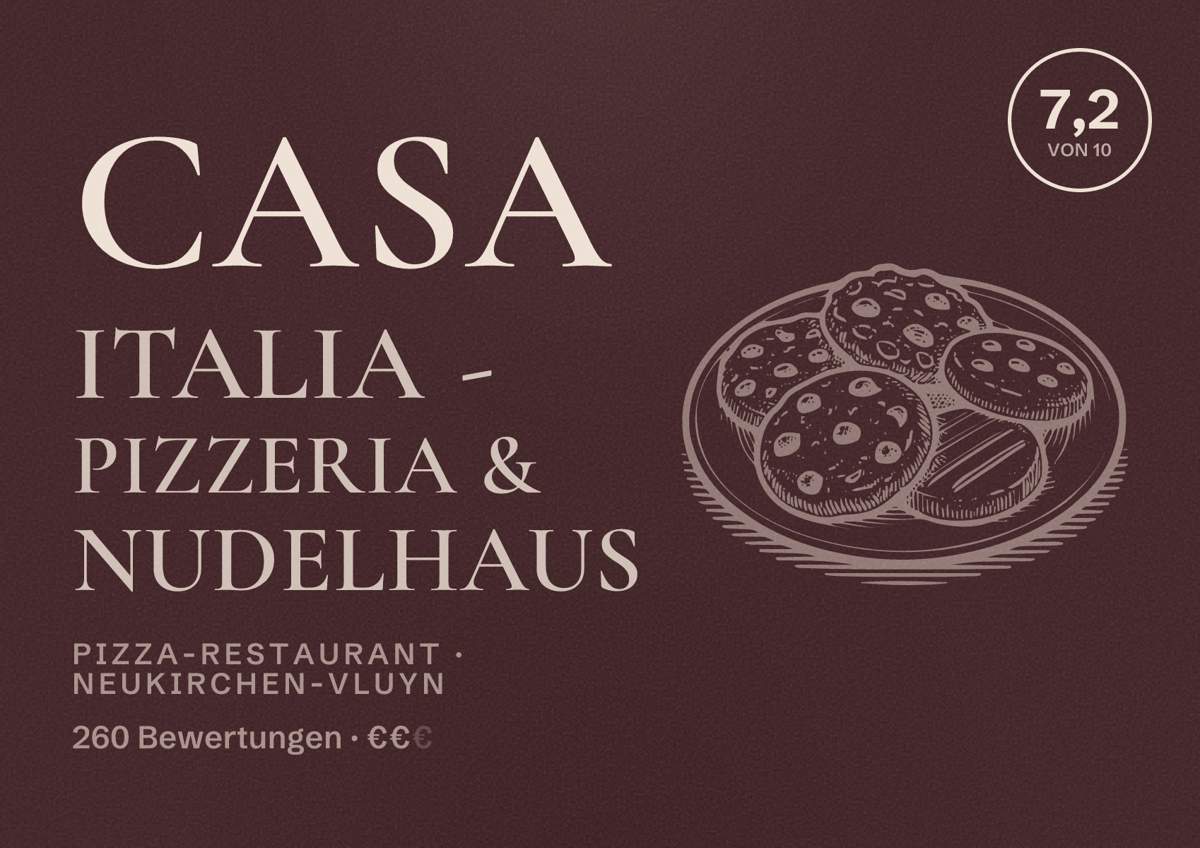 Illustriertes Poster von Casa Italia - Pizzeria & Nudelhaus, Pizza-Restaurant in Neukirchen-Vluyn: Bewertung 7,2 von 10 aus 260 Bewertungen, Preisniveau €€
