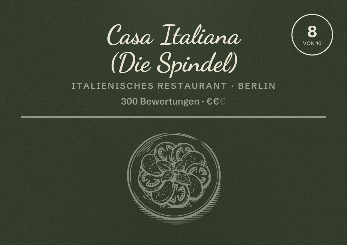 Illustriertes Poster von Casa Italiana (Die Spindel), Italienisches Restaurant in Berlin: Bewertung 8,0 von 10 aus 300 Bewertungen, Preisniveau €€