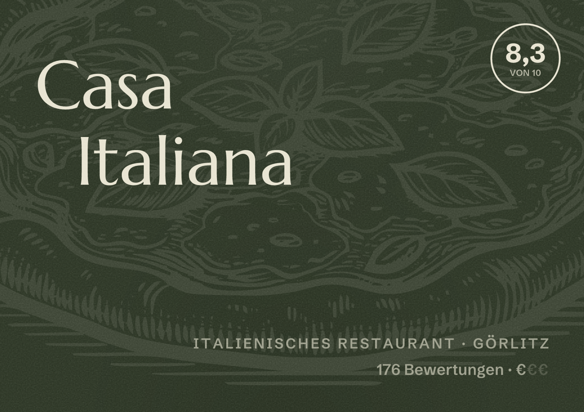Illustriertes Poster von Casa Italiana, Italienisches Restaurant in Görlitz: Bewertung 8,3 von 10 aus 176 Bewertungen, Preisniveau €