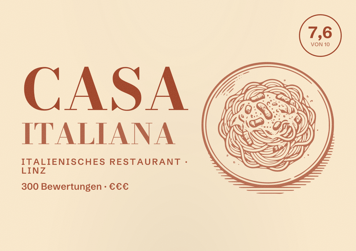Illustriertes Poster von Casa Italiana, Italienisches Restaurant in Linz: Bewertung 7,6 von 10 aus 300 Bewertungen, Preisniveau €€€