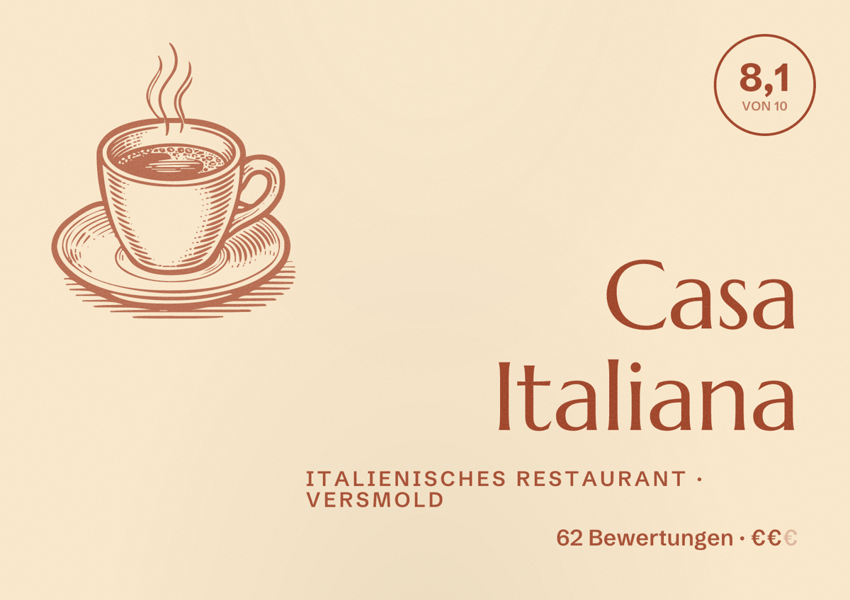 Illustriertes Poster von Casa Italiana, Italienisches Restaurant in Versmold: Bewertung 8,1 von 10 aus 62 Bewertungen, Preisniveau €€