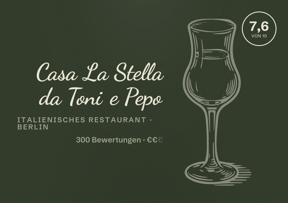 Illustriertes Poster von Casa La Stella da Toni e Pepo, Italienisches Restaurant in Berlin: Bewertung 7,6 von 10 aus 300 Bewertungen, Preisniveau €€