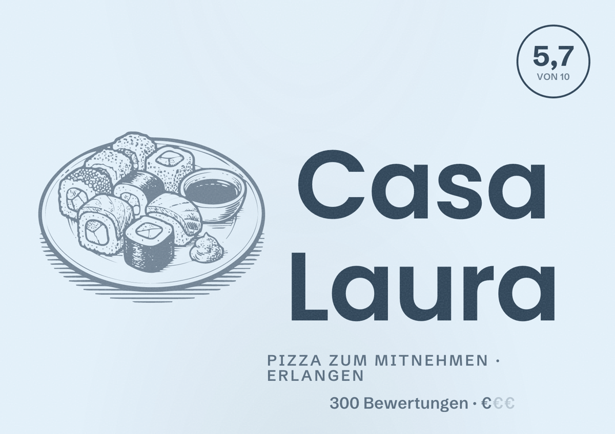 Illustriertes Poster von Casa Laura, Pizza zum Mitnehmen in Erlangen: Bewertung 5,7 von 10 aus 300 Bewertungen, Preisniveau €
