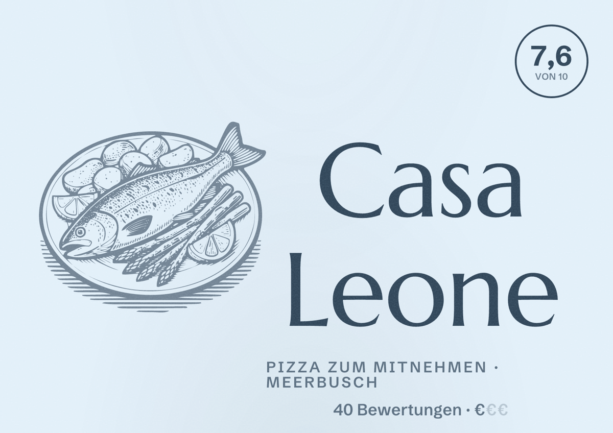 Illustriertes Poster von Casa Leone, Pizza zum Mitnehmen in Meerbusch: Bewertung 7,6 von 10 aus 40 Bewertungen, Preisniveau €