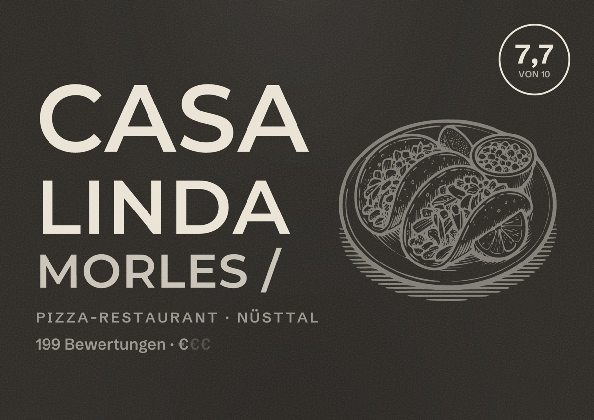 Illustriertes Poster von Casa Linda Morles /, Pizza-Restaurant in Nüsttal: Bewertung 7,7 von 10 aus 199 Bewertungen, Preisniveau €