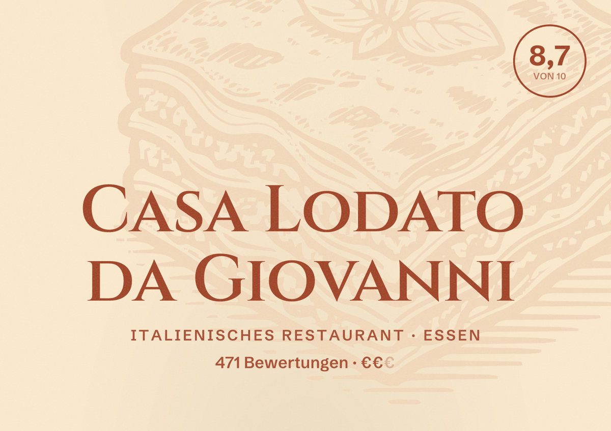 Illustriertes Poster von Casa Lodato da Giovanni, Italienisches Restaurant in Essen: Bewertung 8,7 von 10 aus 471 Bewertungen, Preisniveau €€