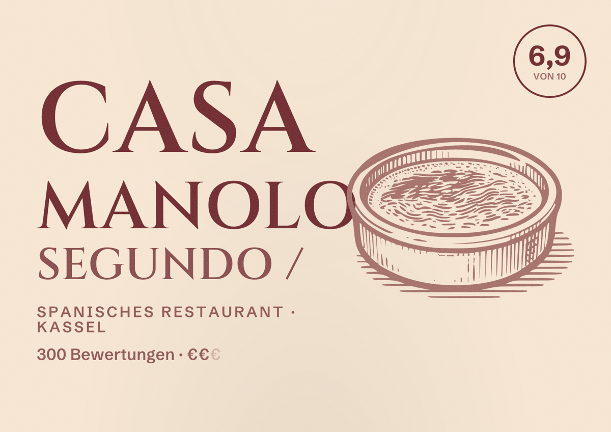 Illustriertes Poster von Casa Manolo Segundo /, Spanisches Restaurant in Kassel: Bewertung 6,9 von 10 aus 300 Bewertungen, Preisniveau €€
