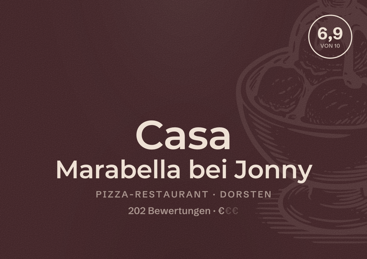 Illustriertes Poster von Casa Marabella bei Jonny, Pizza-Restaurant in Dorsten: Bewertung 6,9 von 10 aus 202 Bewertungen, Preisniveau €