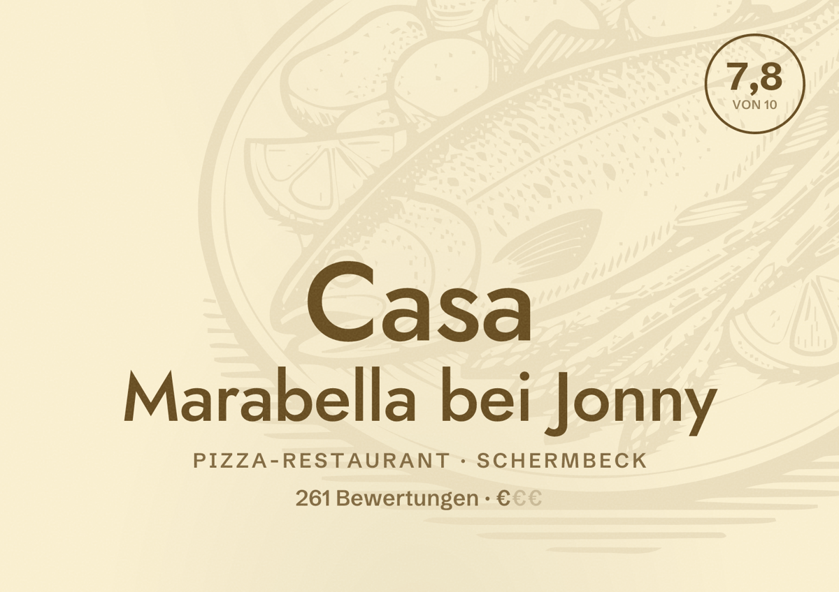 Illustriertes Poster von Casa Marabella bei Jonny, Pizza-Restaurant in Schermbeck: Bewertung 7,8 von 10 aus 261 Bewertungen, Preisniveau €