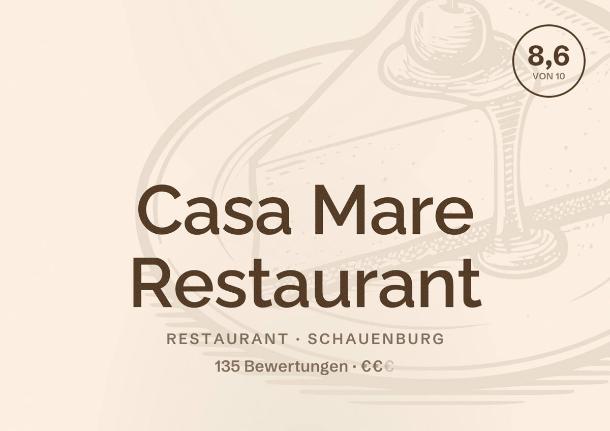 Illustriertes Poster von Casa Mare Restaurant, Restaurant in Schauenburg: Bewertung 8,6 von 10 aus 135 Bewertungen, Preisniveau €€
