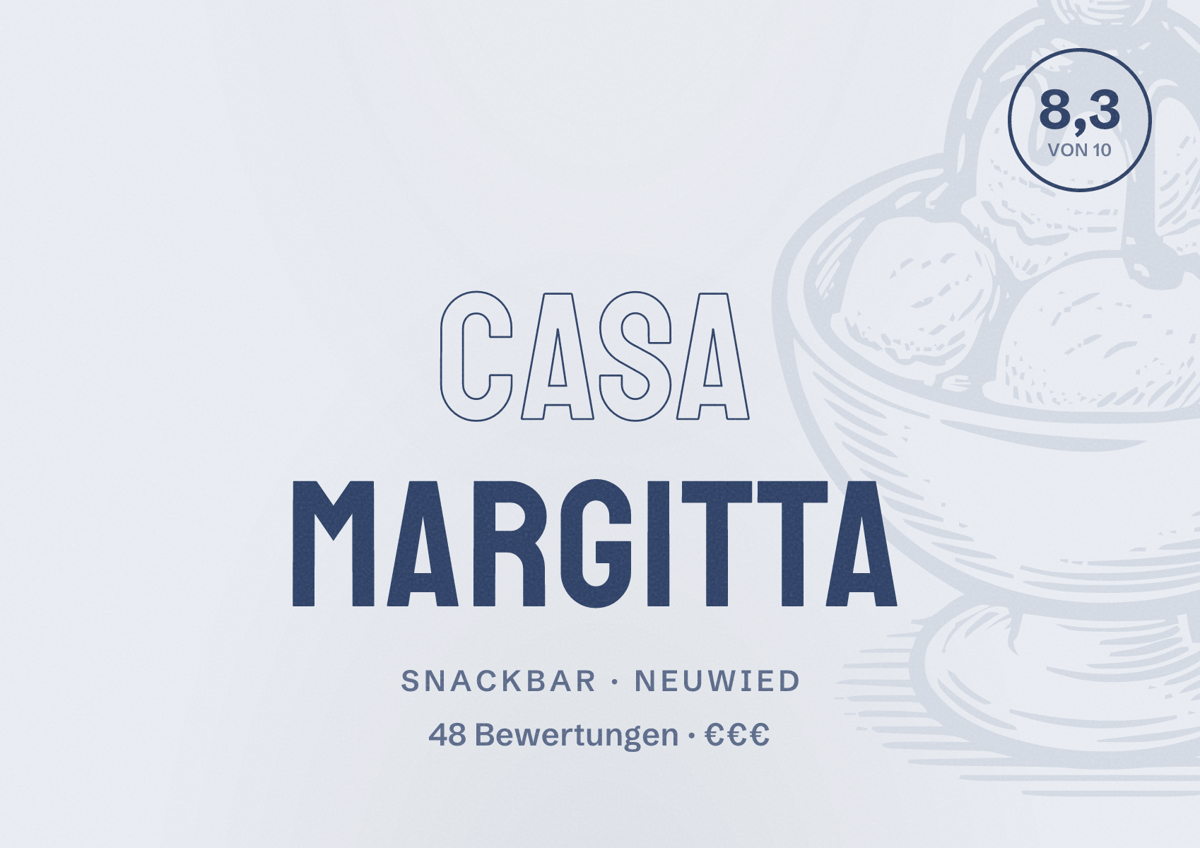 Illustriertes Poster von Casa Margitta, Snackbar in Neuwied: Bewertung 8,3 von 10 aus 48 Bewertungen, Preisniveau €€€