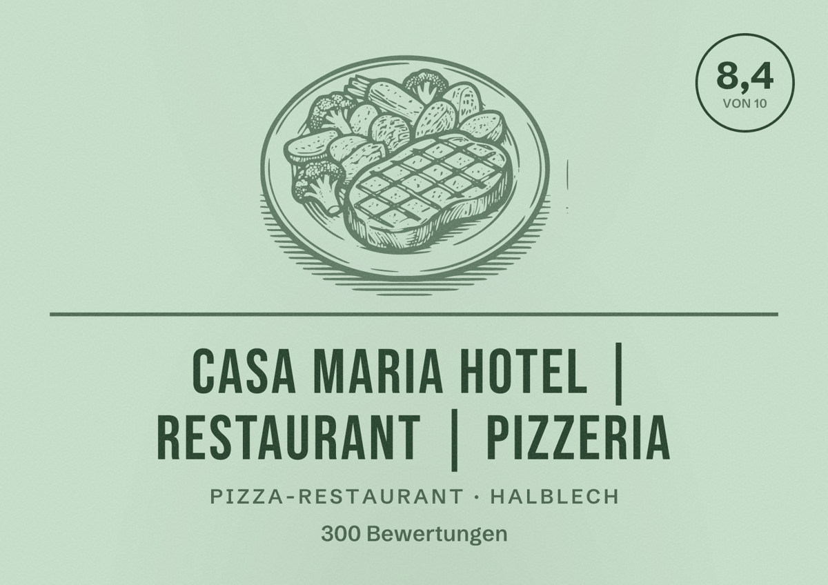 Illustriertes Poster von Casa Maria Hotel | Restaurant | Pizzeria, Pizza-Restaurant in Halblech: Bewertung 8,4 von 10 aus 300 Bewertungen