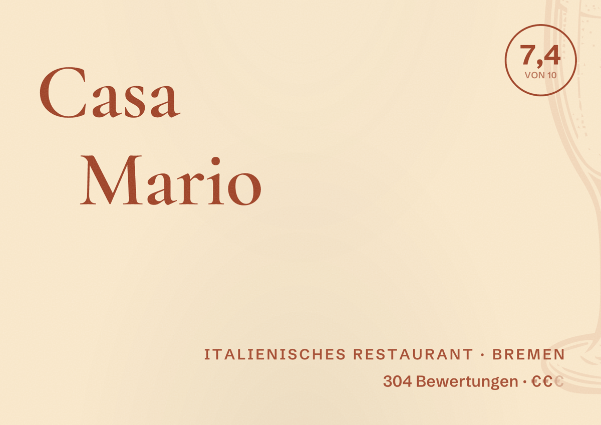 Illustriertes Poster von Casa Mario, Italienisches Restaurant in Bremen: Bewertung 7,4 von 10 aus 304 Bewertungen, Preisniveau €€
