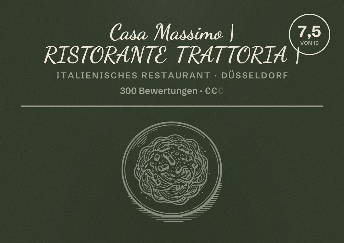 Illustriertes Poster von Casa Massimo | RISTORANTE TRATTORIA |, Italienisches Restaurant in Düsseldorf: Bewertung 7,5 von 10 aus 300 Bewertungen, Preisniveau €€