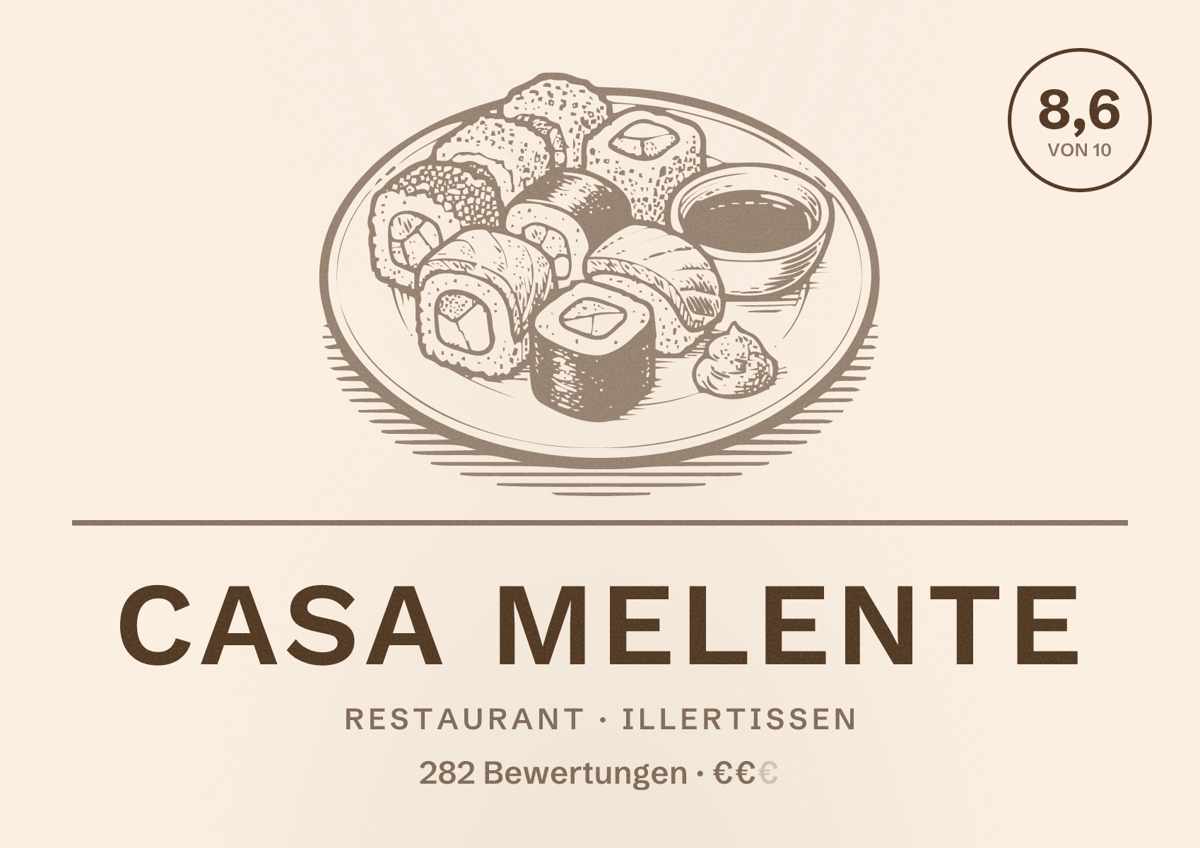 Illustriertes Poster von Casa Melente, Restaurant in Illertissen: Bewertung 8,6 von 10 aus 282 Bewertungen, Preisniveau €€
