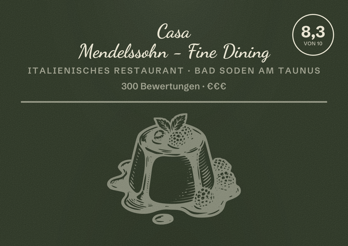 Illustriertes Poster von Casa Mendelssohn - Fine Dining, Italienisches Restaurant in Bad Soden am Taunus: Bewertung 8,3 von 10 aus 300 Bewertungen, Preisniveau €€€