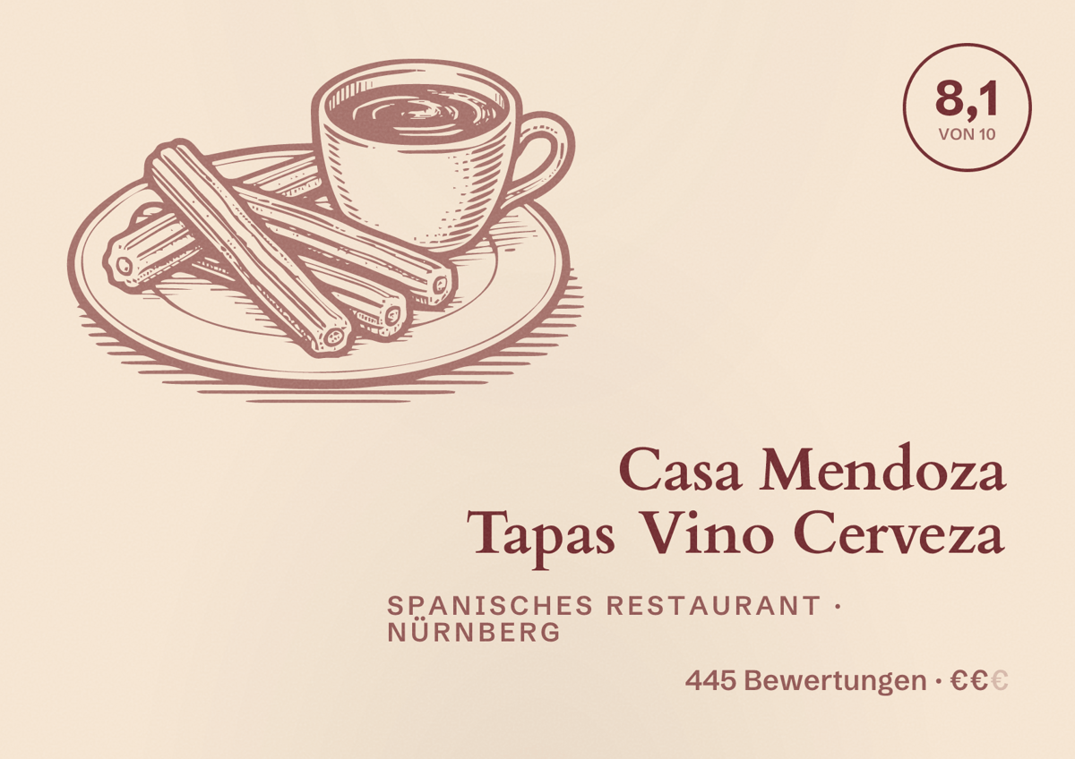 Illustriertes Poster von Casa Mendoza Tapas Vino Cerveza, Spanisches Restaurant in Nürnberg: Bewertung 8,1 von 10 aus 445 Bewertungen, Preisniveau €€