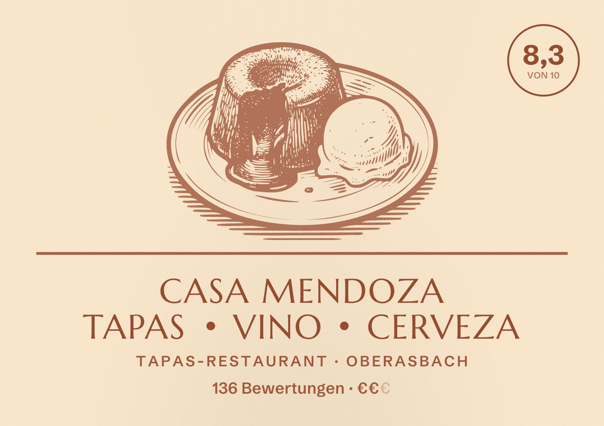 Illustriertes Poster von Casa mendoza Tapas • Vino • Cerveza, Tapas-Restaurant in Oberasbach: Bewertung 8,3 von 10 aus 136 Bewertungen, Preisniveau €€