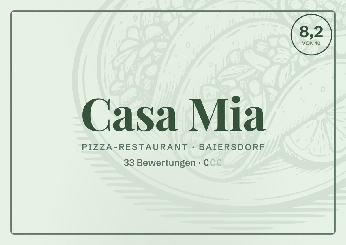 Illustriertes Poster von Casa Mia, Pizza-Restaurant in Baiersdorf: Bewertung 8,2 von 10 aus 33 Bewertungen, Preisniveau €
