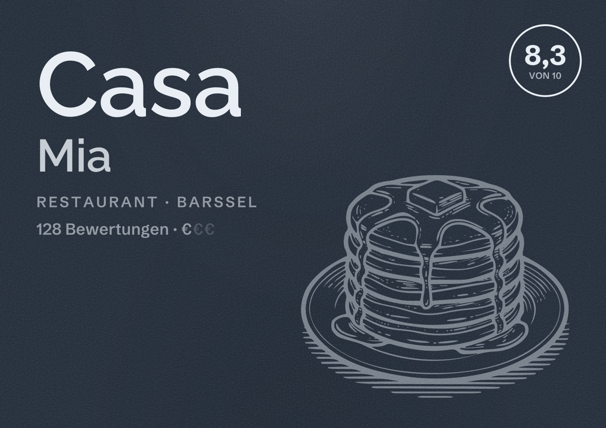 Illustriertes Poster von Casa Mia, Restaurant in Barßel: Bewertung 8,3 von 10 aus 128 Bewertungen, Preisniveau €