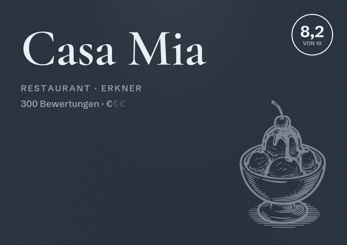 Illustriertes Poster von Casa Mia, Restaurant in Erkner: Bewertung 8,2 von 10 aus 300 Bewertungen, Preisniveau €