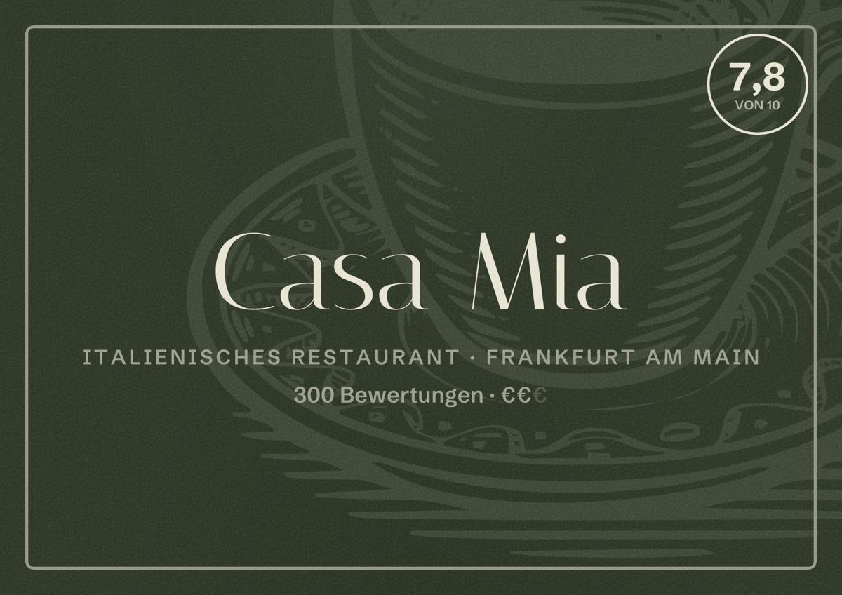 Illustriertes Poster von Casa Mia, Italienisches Restaurant in Frankfurt am Main: Bewertung 7,8 von 10 aus 300 Bewertungen, Preisniveau €€