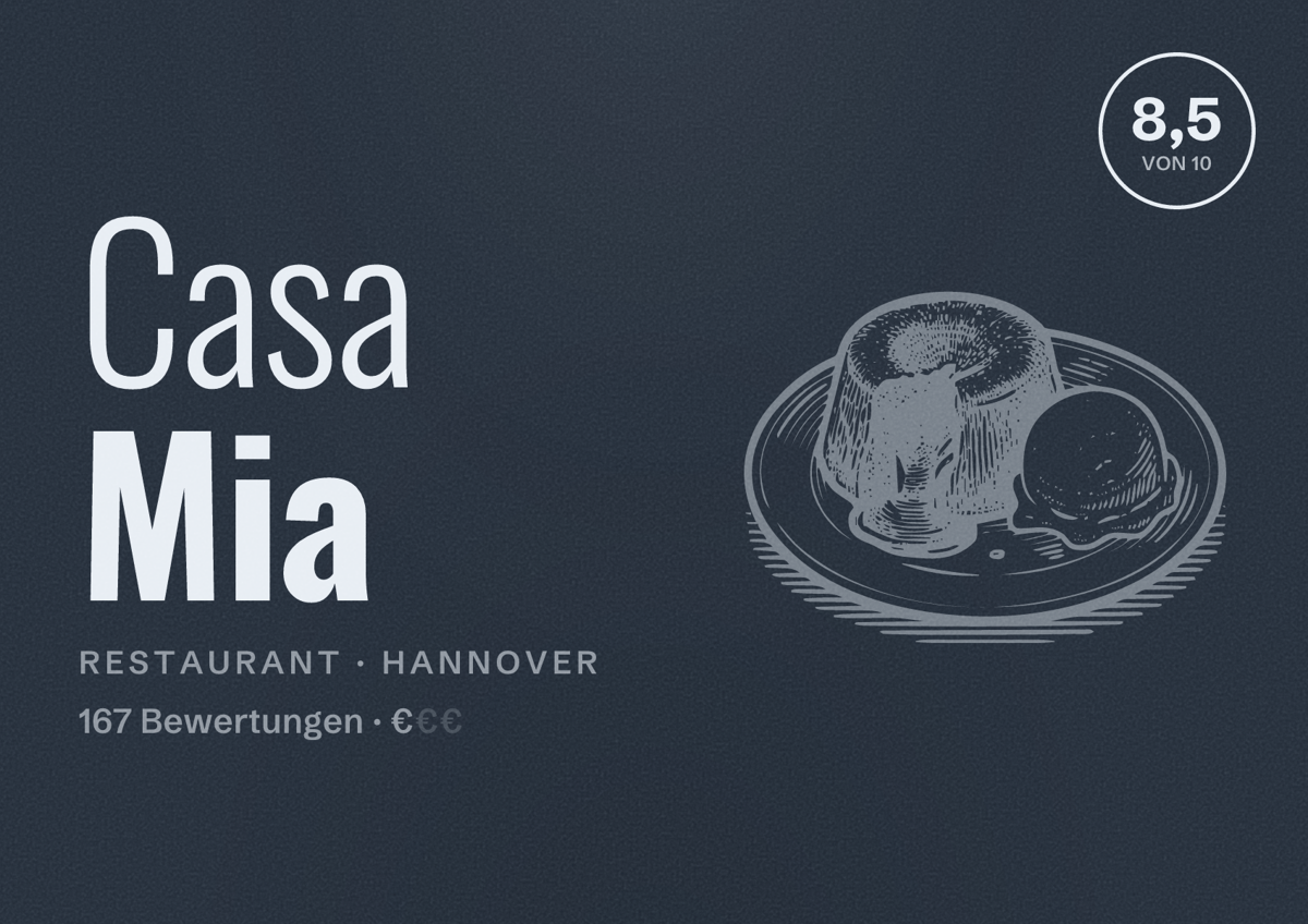 Illustriertes Poster von Casa Mia, Restaurant in Hannover: Bewertung 8,5 von 10 aus 167 Bewertungen, Preisniveau €