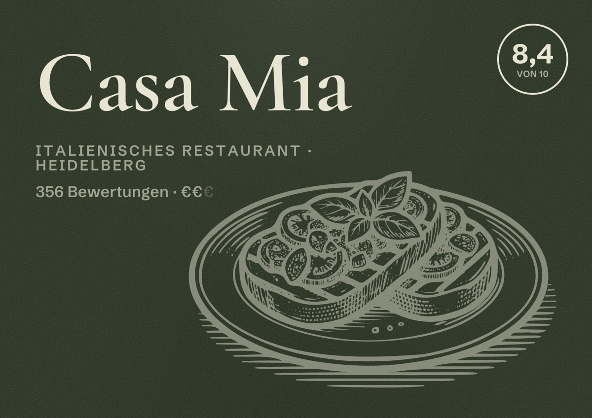 Illustriertes Poster von Casa Mia, Italienisches Restaurant in Heidelberg: Bewertung 8,4 von 10 aus 356 Bewertungen, Preisniveau €€