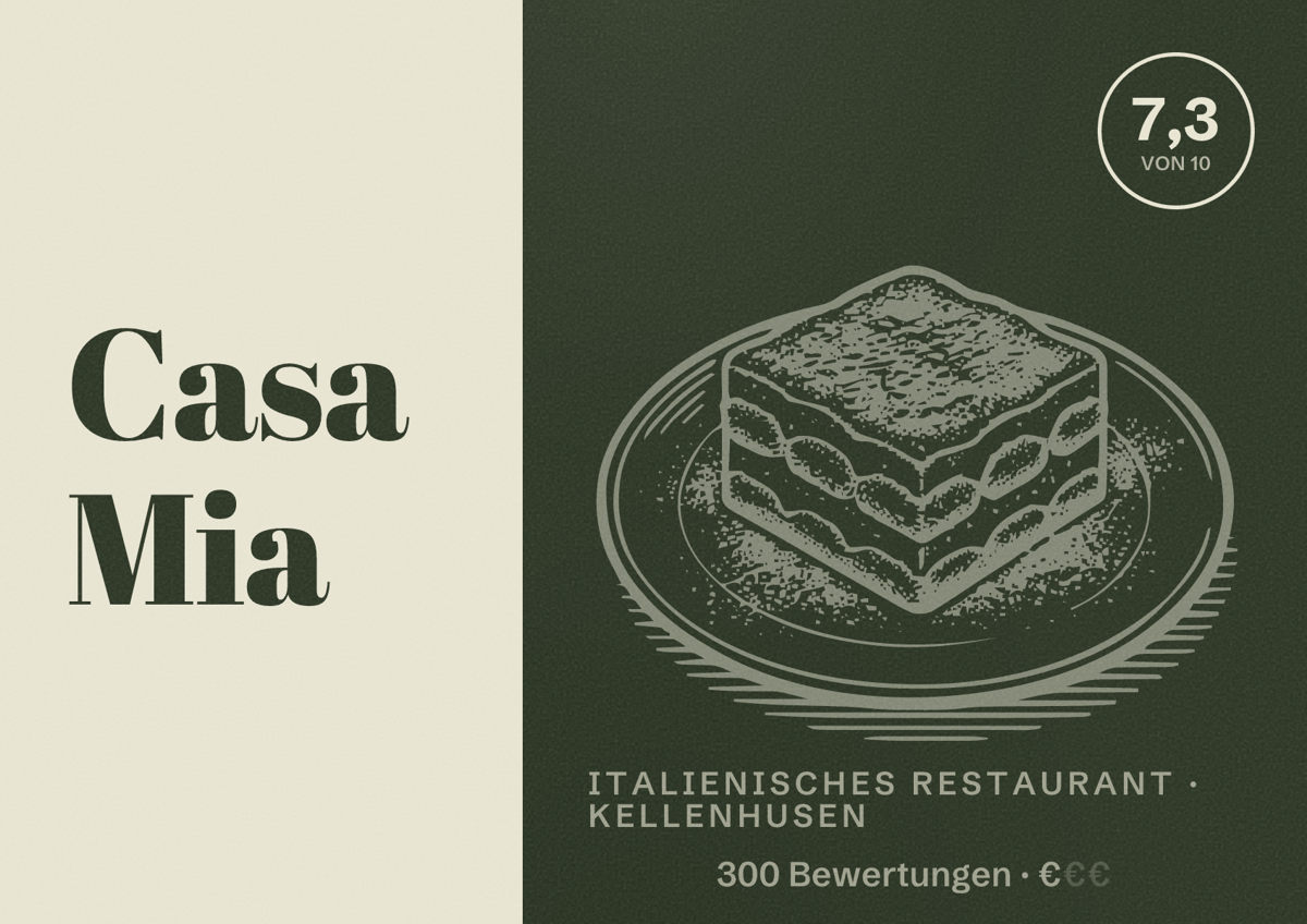 Illustriertes Poster von Casa Mia, Italienisches Restaurant in Kellenhusen: Bewertung 7,3 von 10 aus 300 Bewertungen, Preisniveau €