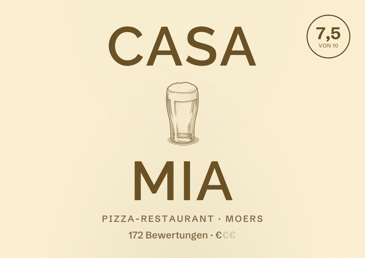 Illustriertes Poster von Casa Mia, Pizza-Restaurant in Moers: Bewertung 7,5 von 10 aus 172 Bewertungen, Preisniveau €