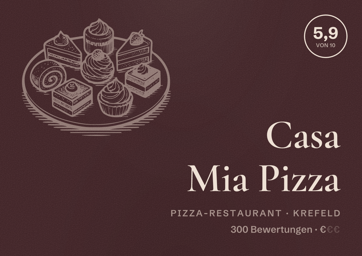 Illustriertes Poster von Casa Mia Pizza, Pizza-Restaurant in Krefeld: Bewertung 5,9 von 10 aus 300 Bewertungen, Preisniveau €