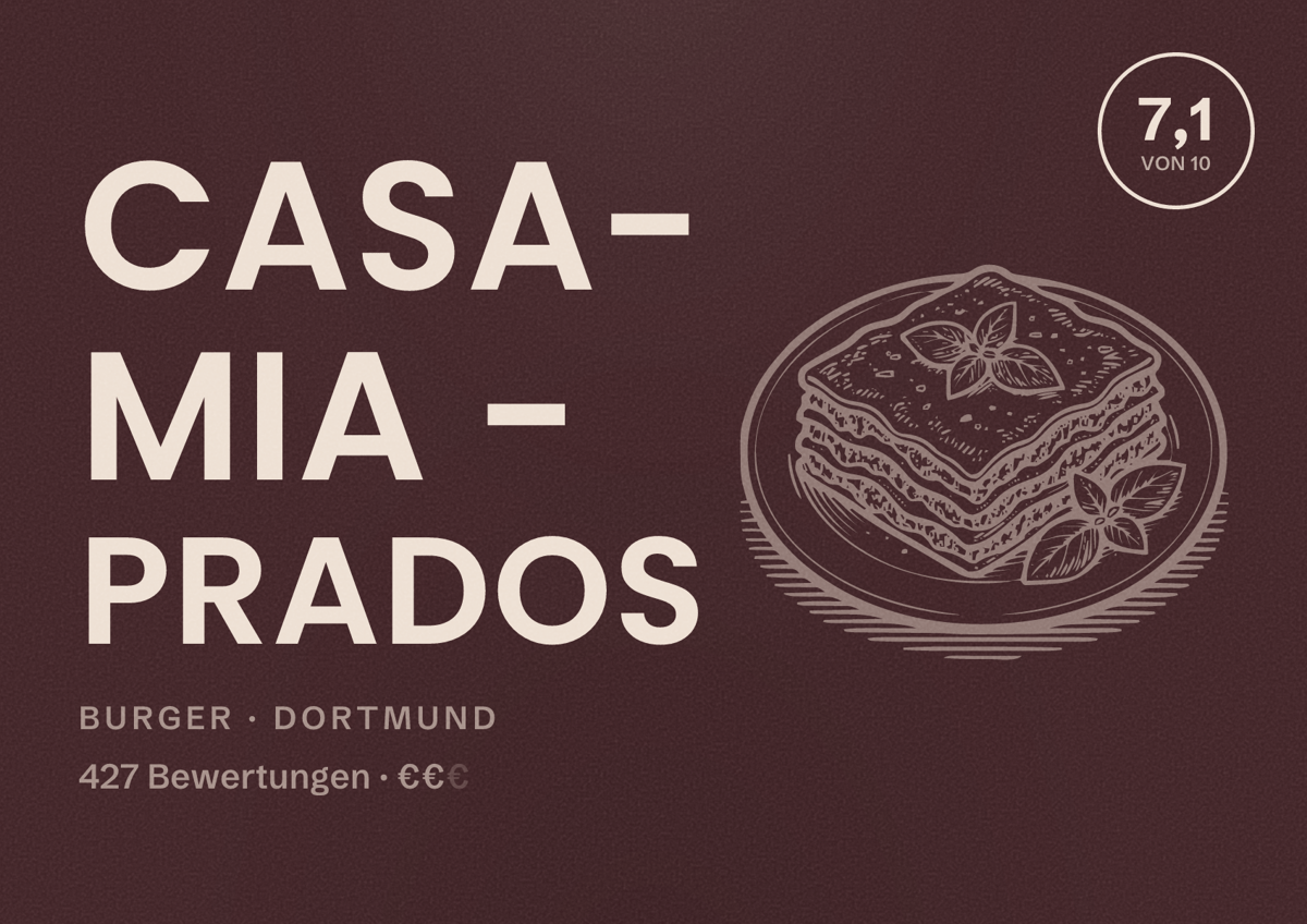 Illustriertes Poster von Casa- Mia - PRADOS, Burger in Dortmund: Bewertung 7,1 von 10 aus 427 Bewertungen, Preisniveau €€