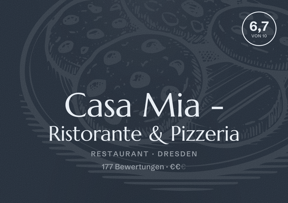 Illustriertes Poster von Casa Mia - Ristorante & Pizzeria, Restaurant in Dresden: Bewertung 6,7 von 10 aus 177 Bewertungen, Preisniveau €€