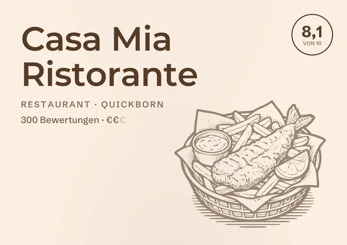 Illustriertes Poster von Casa Mia Ristorante, Restaurant in Quickborn: Bewertung 8,1 von 10 aus 300 Bewertungen, Preisniveau €€