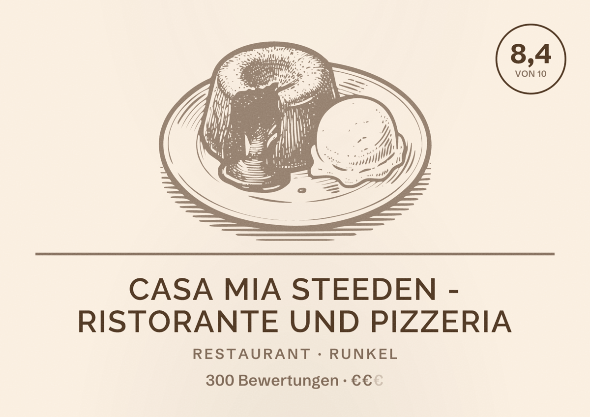 Illustriertes Poster von Casa Mia Steeden - Ristorante und Pizzeria, Restaurant in Runkel: Bewertung 8,4 von 10 aus 300 Bewertungen, Preisniveau €€