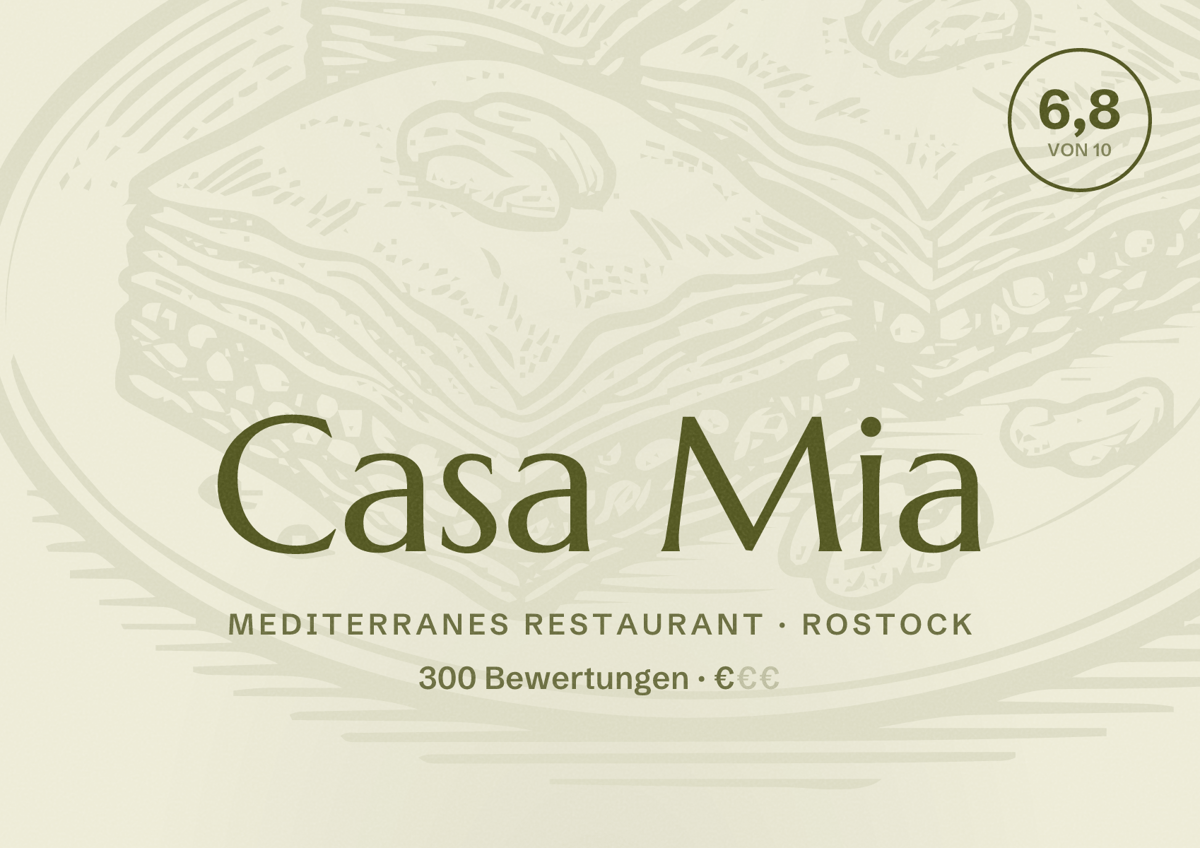 Illustriertes Poster von Casa Mia, Mediterranes Restaurant in Rostock: Bewertung 6,8 von 10 aus 300 Bewertungen, Preisniveau €