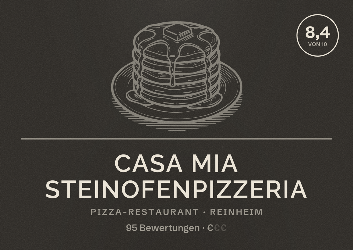 Illustriertes Poster von Casa Mia Steinofenpizzeria, Pizza-Restaurant in Reinheim: Bewertung 8,4 von 10 aus 95 Bewertungen, Preisniveau €