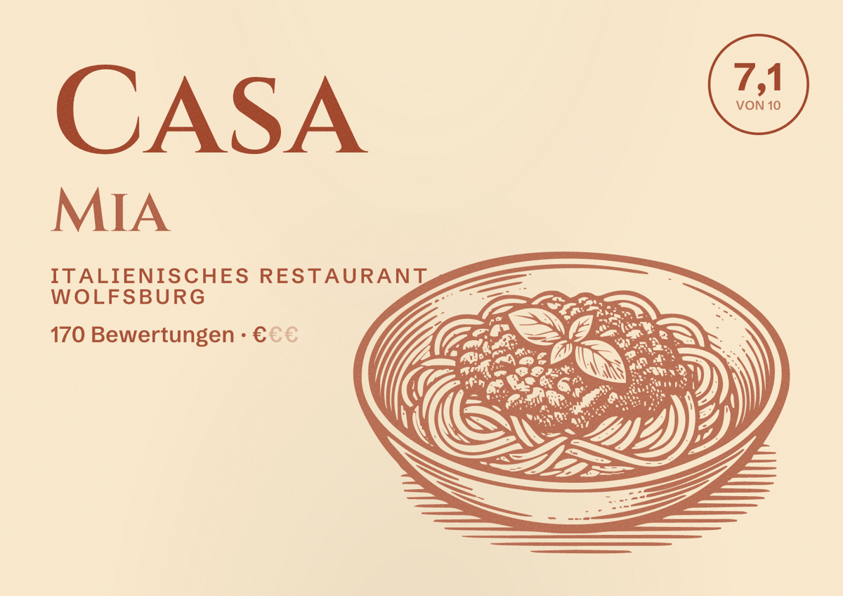 Illustriertes Poster von Casa Mia, Italienisches Restaurant in Wolfsburg: Bewertung 7,1 von 10 aus 170 Bewertungen, Preisniveau €