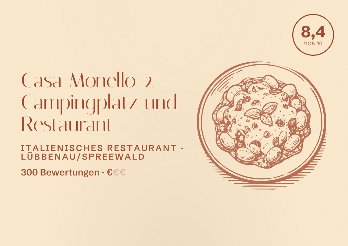 Illustriertes Poster von Casa Monello 2 Campingplatz und Restaurant, Italienisches Restaurant in Lübbenau/Spreewald: Bewertung 8,4 von 10 aus 300 Bewertungen, Preisniveau €