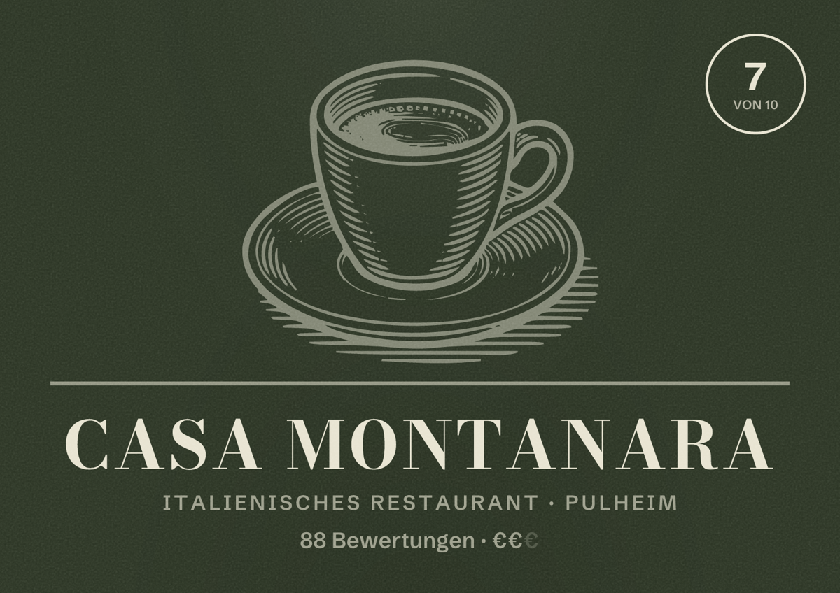 Illustriertes Poster von Casa Montanara, Italienisches Restaurant in Pulheim: Bewertung 7 von 10 aus 88 Bewertungen, Preisniveau €€