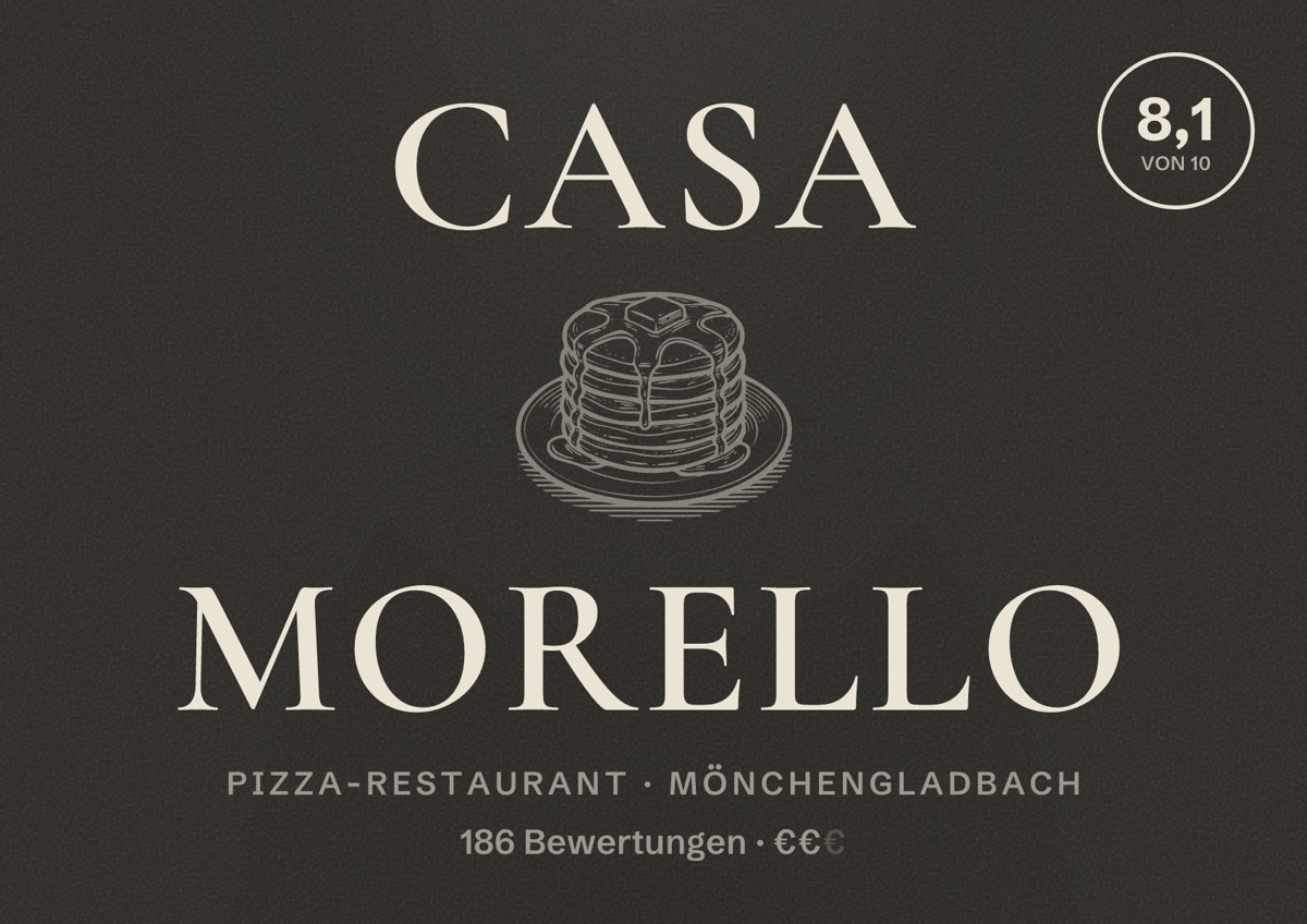 Illustriertes Poster von Casa Morello, Pizza-Restaurant in Mönchengladbach: Bewertung 8,1 von 10 aus 186 Bewertungen, Preisniveau €€