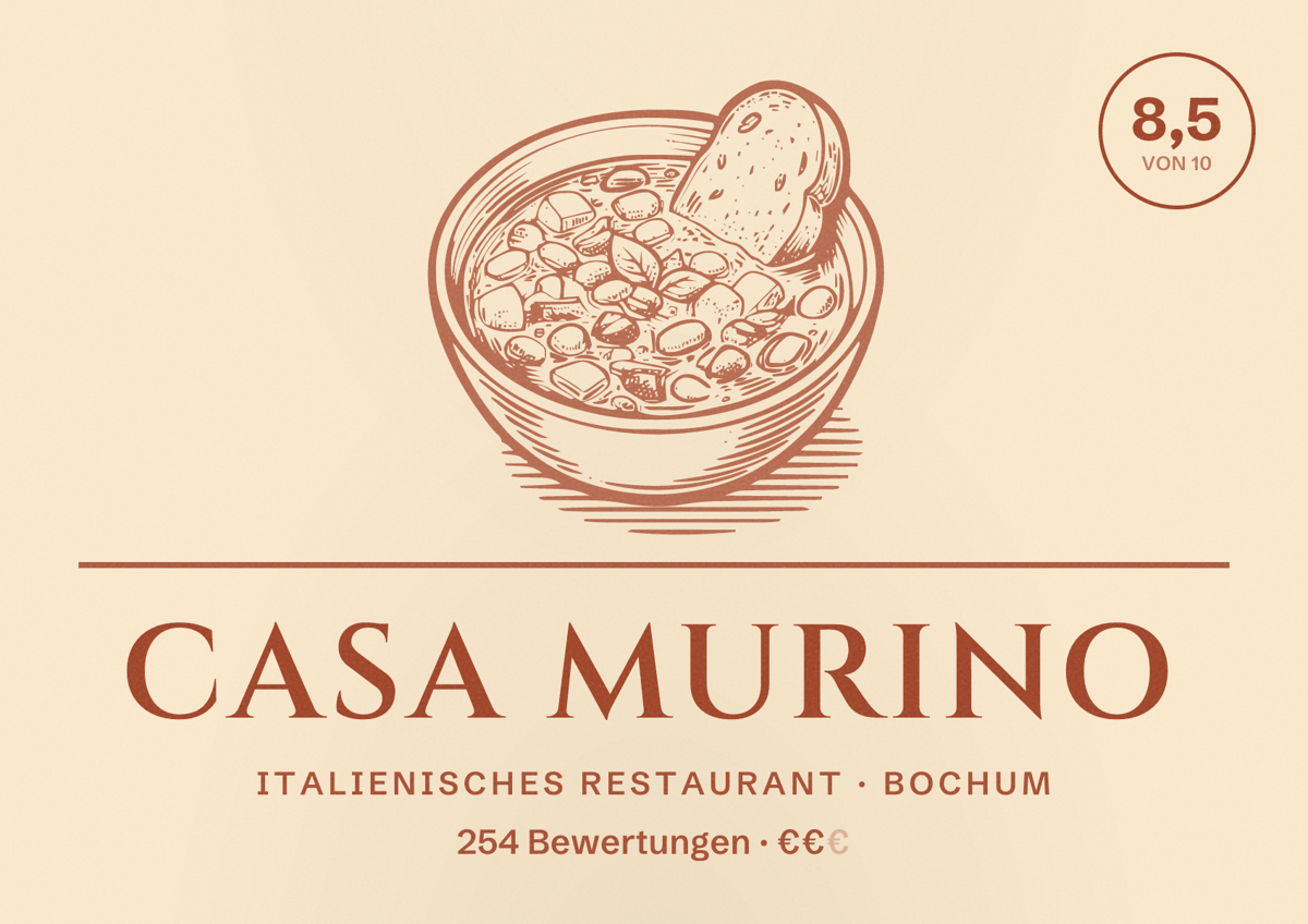 Illustriertes Poster von Casa Murino, Italienisches Restaurant in Bochum: Bewertung 8,5 von 10 aus 254 Bewertungen, Preisniveau €€