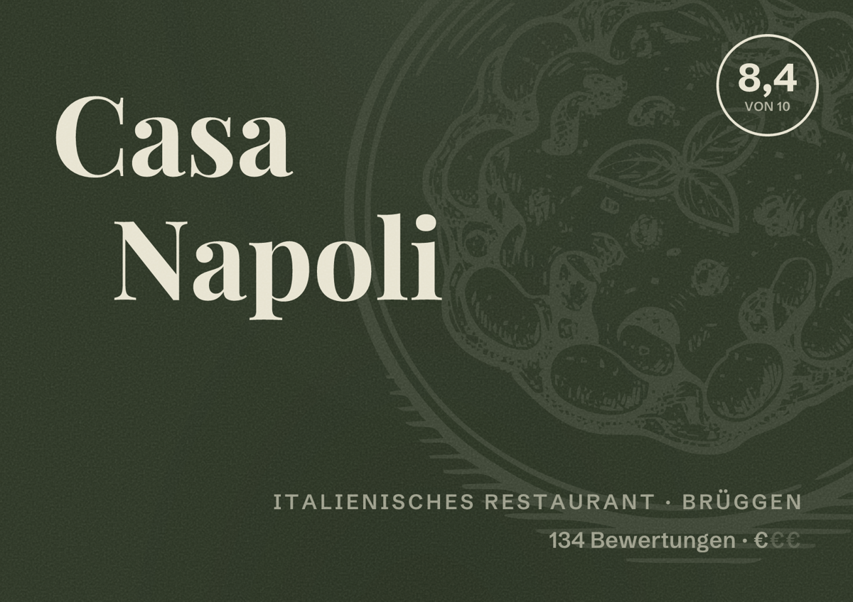 Illustriertes Poster von Casa Napoli, Italienisches Restaurant in Brüggen: Bewertung 8,4 von 10 aus 134 Bewertungen, Preisniveau €
