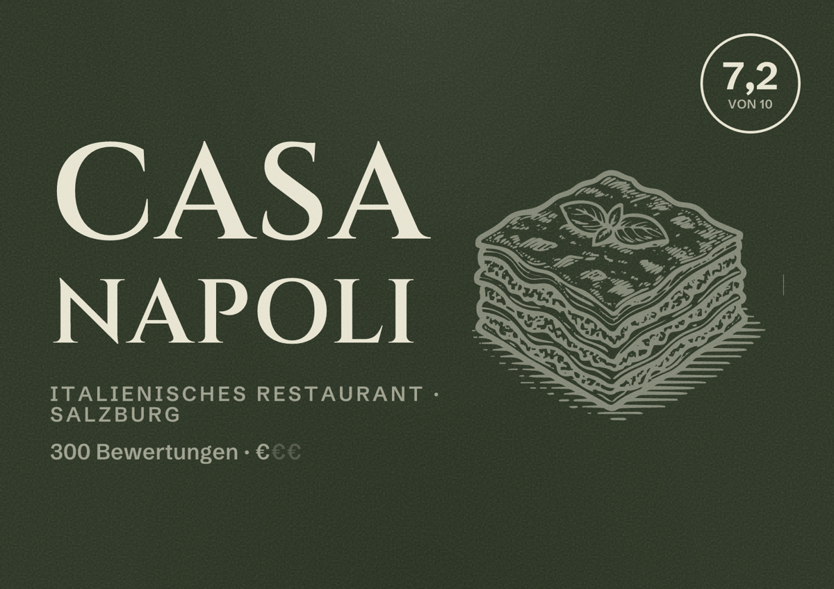 Illustriertes Poster von Casa Napoli, Italienisches Restaurant in Salzburg: Bewertung 7,2 von 10 aus 300 Bewertungen, Preisniveau €